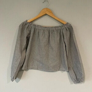 Brandy Melville Women's Off Shoulder Blouse Blue White Striped Long Sleeve O/S